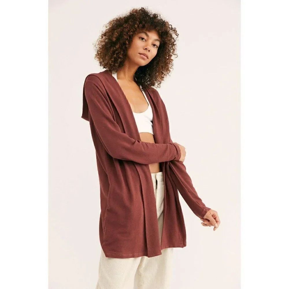 NEW FREE PEOPLE X MONROW Sz S SUPERSOFT HOODED CARDIGAN CARDI IN MAROON
